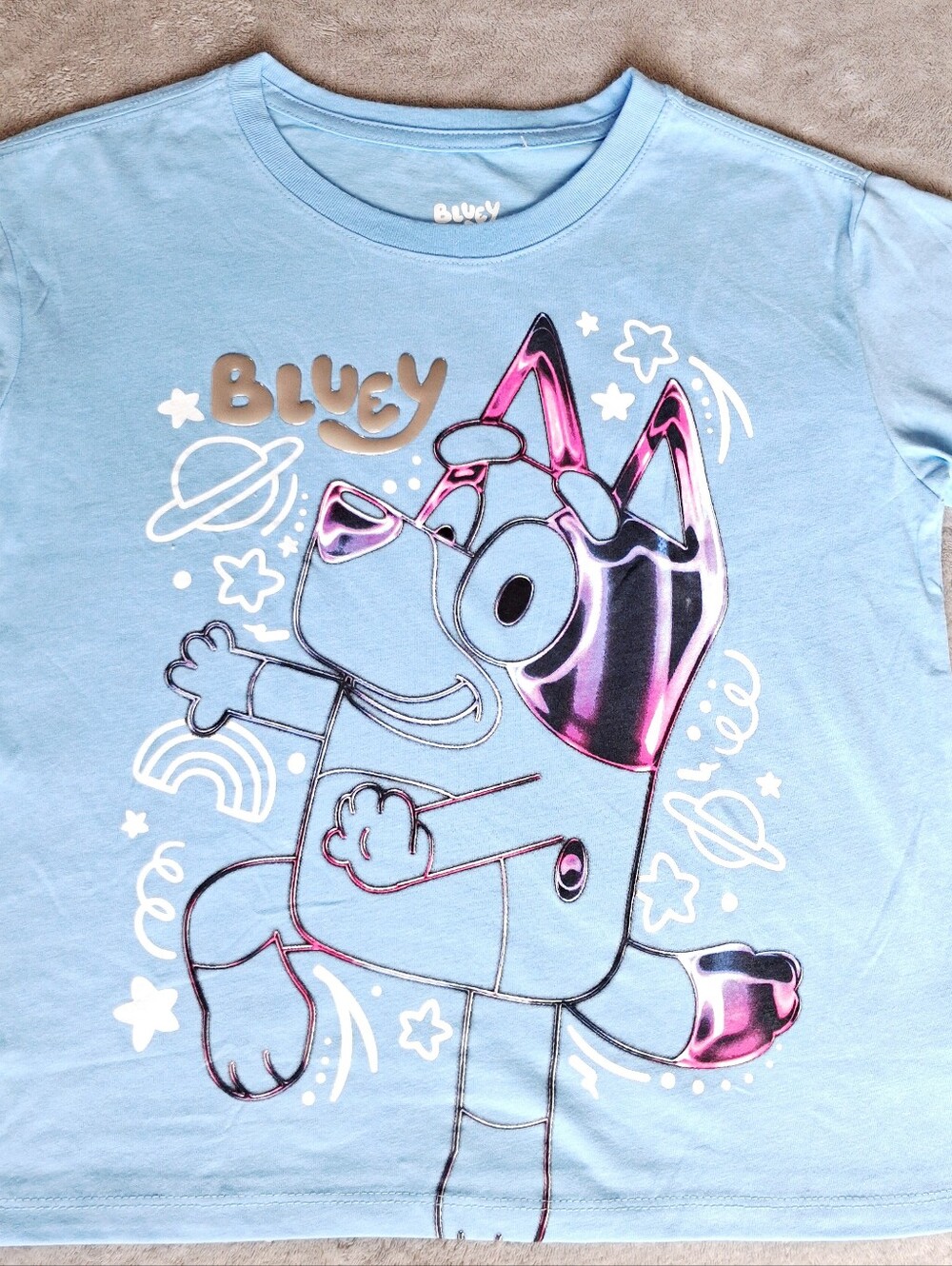 Bluey Girls Size L 10/12 Blue Graphic T-Shirt Metallic Foil Print NWOT